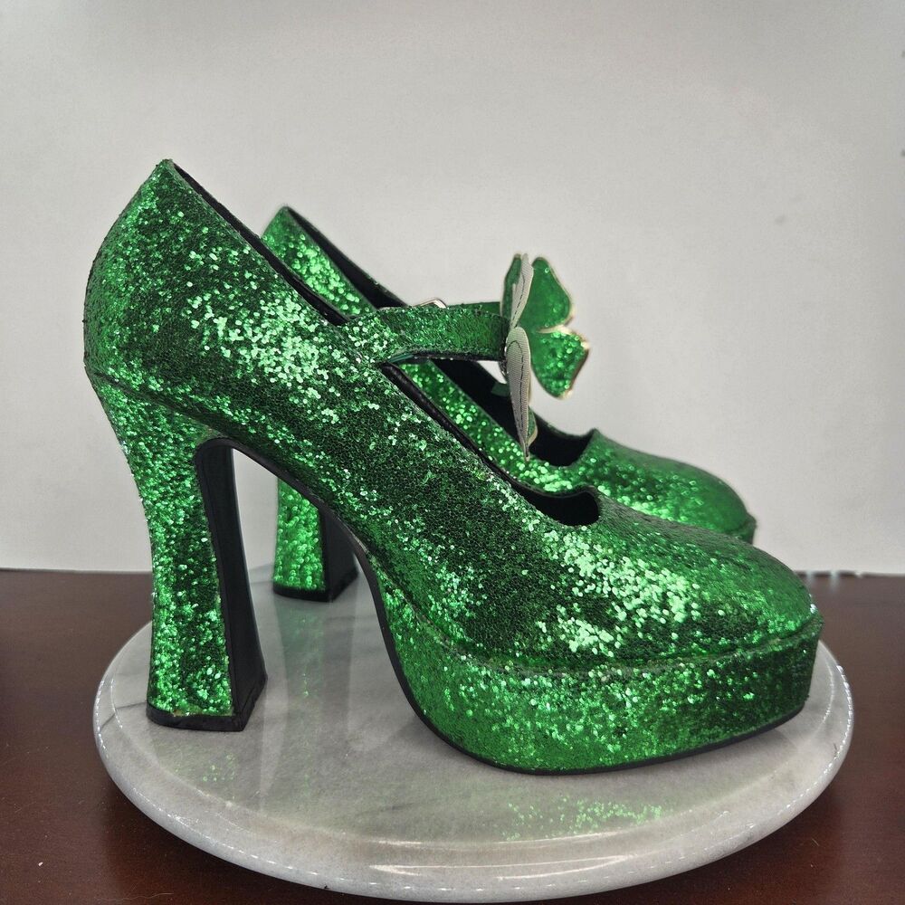 Shoes Womens Size 10 Green Glitter Platform Shamrock St Patricks Day Leprechaun - Picture 6 of 16